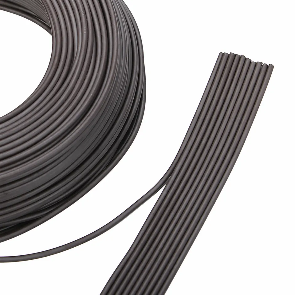 A dark magnetic cord coil alongside a close-up of parallel cut lengths.